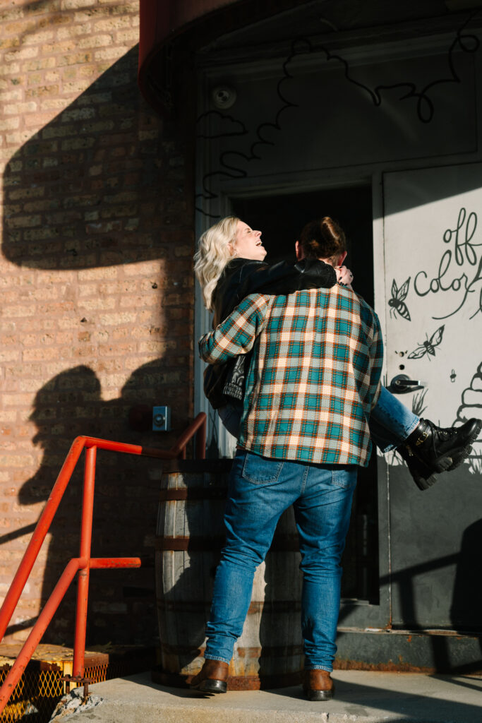 Engaged couple at Off Color Brewing during a Chicago brewery engagement session